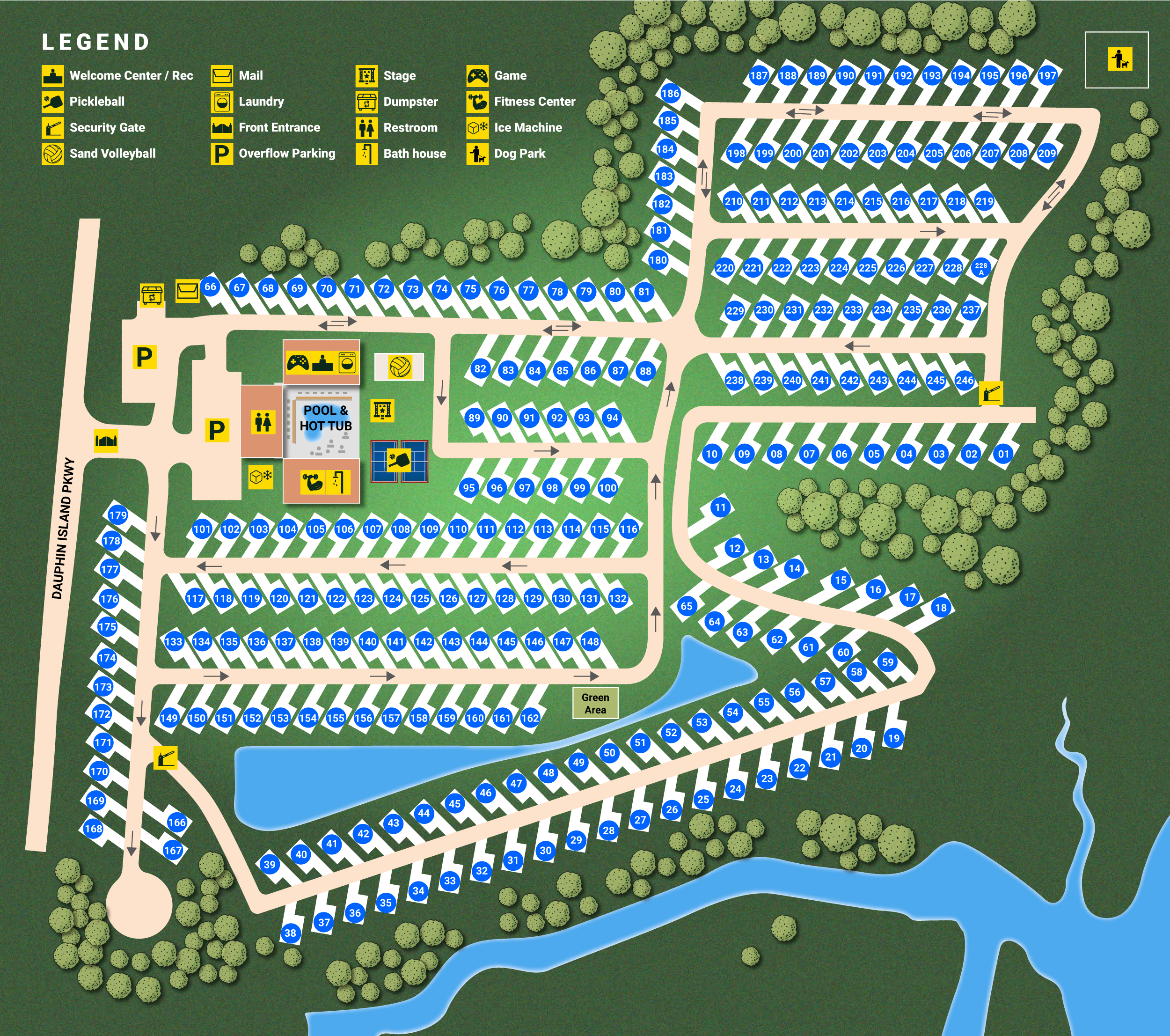 Paradise Found RV Resort park map showing lot locations, amenities, and waterfront